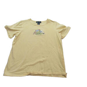 Denim & Co Shirt Womens Medium Yellow Embroidered Floral Tee Short Sleeve Casual